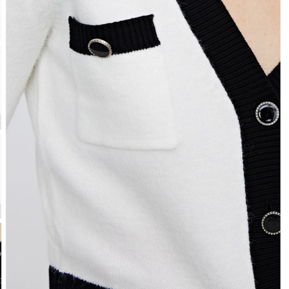 Urban revive V NECK knit white black button crop cardigan - Picture 5 of 8